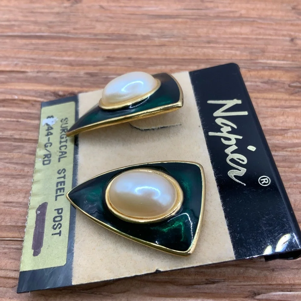 Napier Vintage Green Pearl-Accent Gold Tone Triangle Stud Earrings